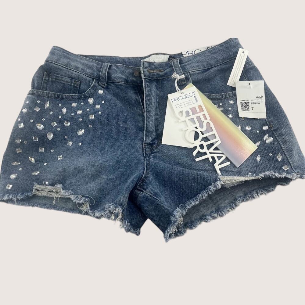 Project Rebel Womens Denim Shorts Size 7 Studded Distressed Raw Hem Festival